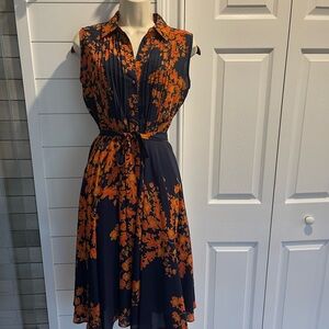 Nanette Lepore Navy and Orange Floral Midi Dress